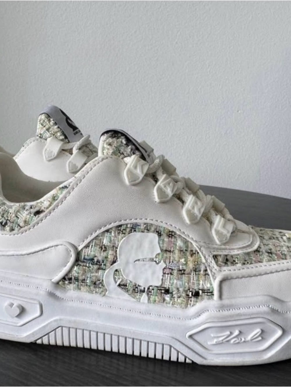 Karl Lagerfeld White Leather & Tweed Low-Top Sneakers